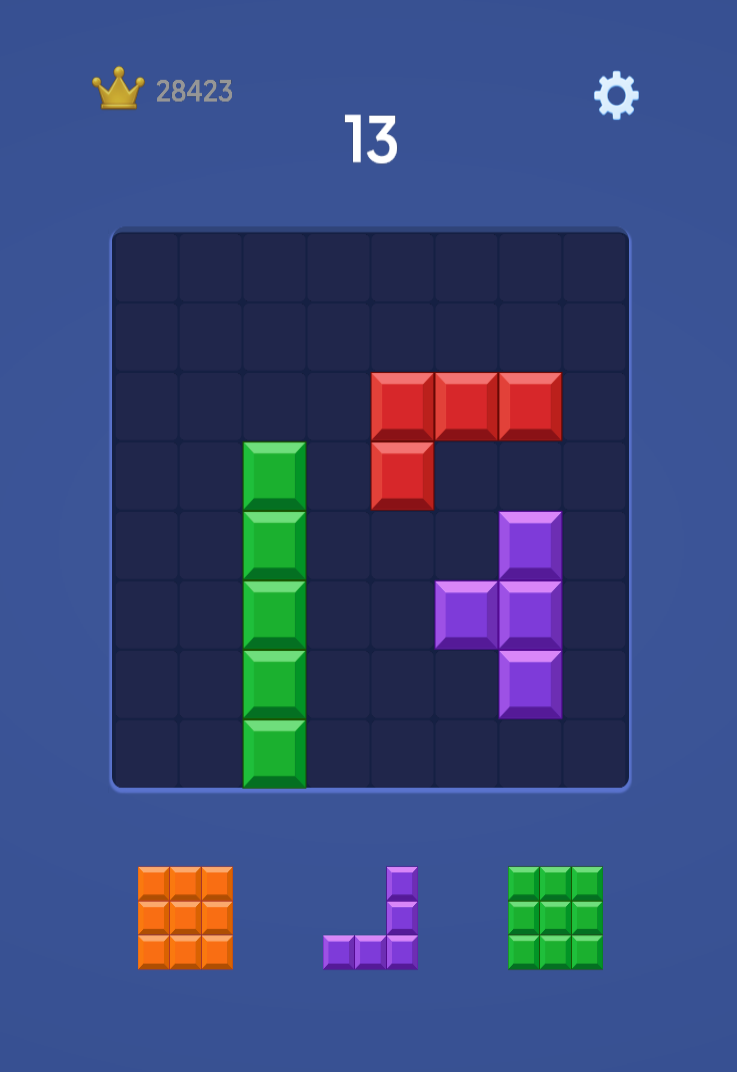 Block Craft gameplay: red, green and purple blocks placed on an eight by eight grid, with three pieces waiting in the tray below